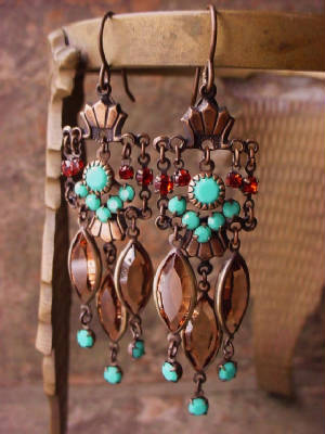 These Earrings Feature Oxidized Brass Swarovski Crystals In Turquoise, Light Smoke Topaz (Navettes), And Indian Red