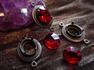 Old Vintage Brass Connector Settings With Hand Soldered Pronged Settings. Shown With Vintage Ruby Glass 10x8 Rhinestones.