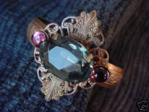 The Cuff Bracelet Is Topped With A Vintage 25x18 Czech Glass Black Diamond Rhinestone And Surrounded By Two 10x8 Swarovski Crystal Amethyst Cabochons