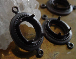 Old 1940s 10x8mm Faceted Stone Connector Settings In Hand Oxidized Brass
